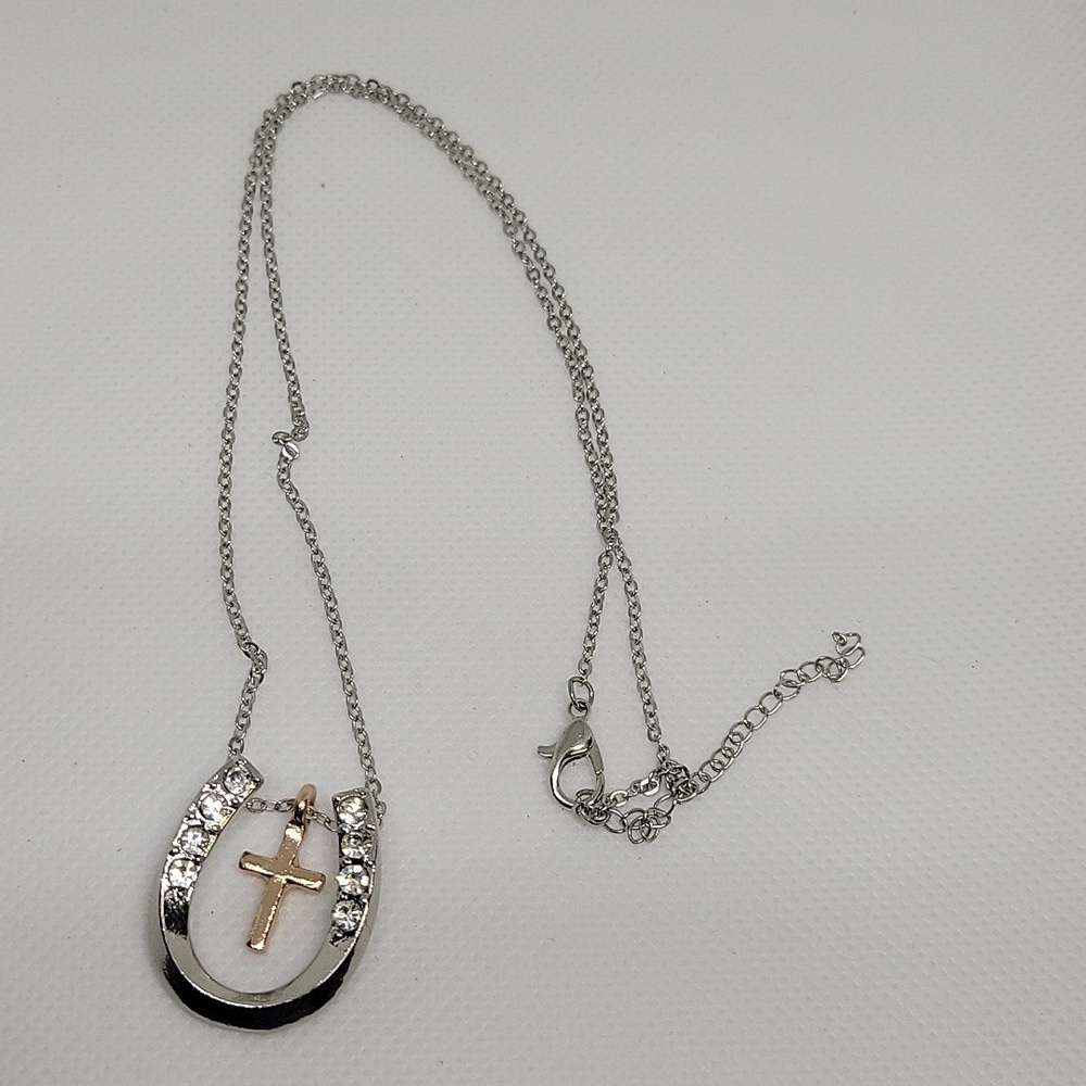 Horseshoe Rhinestone Silver Tone w Gold Tone 18" + 2" Necklace